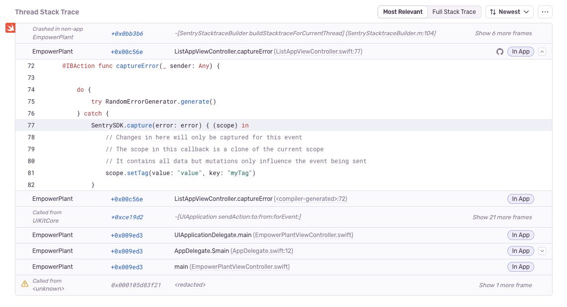 Screenshot of stack trace showing source context.